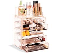 Sorbus - Organizador de maquillaje transparente para cosméticos, almacenamiento de maquillaje y joyas, estuche y exhibición, diseño espacioso, gran soporte para tocador, baño, tocador y encimera (4 cajones grandes, 2 pequeños) [rosa)