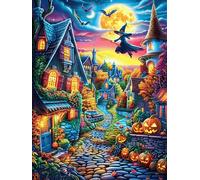 Sorcière d'Halloween Volant au-Dessus du Village Rompecabezas 300 Piezas Cartón para Mayores Mitos fantásticos para Ocupar Tiempo Actividad Antiestrés Decoración Mural Mejor Valorado 300 PCS