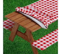 Sorfey Mantel de Mesa de Picnic con Fundas de Banco con elástico, Vinilo con Parte Trasera de Franela, se Adapta a mesas rectangulares de 28 x 72 Pulgadas, Resistente al Agua, diseño Rojo a Cuadros