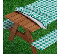 Sorfey Mantel de Mesa de Picnic con Fundas de Banco con elástico, Vinilo con Parte Trasera de Franela, se Adapta a mesas rectangulares de 28 x 72 Pulgadas, Resistente al Agua, diseño Verde a Cuadros