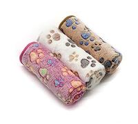 SORKUT 1 paquete de 3 mantas para cachorros, súper suaves y cálidas, manta de franela de forro polar de alta calidad para perros, cachorros, gatos, estampado de patas, beige/rosa/marrón, tamaño
