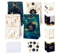 sorkwo Juego de 36 bolsas de regalo de Eid Mubarak, bolsas de papel para fiesta de Ramadán Mubarak, bolsas de papel para fiesta de Eid Mubarak, bolsas de regalo con 27 calcomanías para suministros de