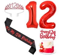Sorpresa Rojo y Negro 12 cumpleaños decoraciones para niños niñas, 12 cumpleaños bufanda y tiara, cake topper, globo, 12 Year Old Bday Party Supplies