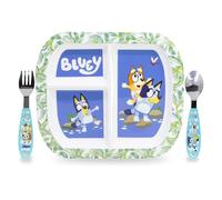 Sorrisini Juego de vajilla infantil, 3 piezas con plato dividido, cubiertos de acero inoxidable, vajilla de plástico apta para microondas, diseño azul