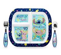 Sorrisini Set de Vajilla Infantil para Microondas, 3 Piezas, Plato y Cubiertos de Acero Inoxidable para ninos, Diseño Stitch