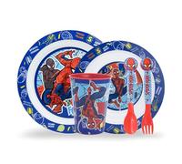 Sorrisini Vajilla Infantil Reutilizable Apta Para Microondas, Juego de Platos Irrompibles de Plástico Para Niños, Set Plato, Cuenco Para Cereal, Cubiertos, Taza 260ml, Spiderman