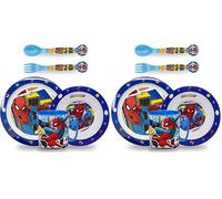 Sorrisini Vajilla Infantil Reutilizable Apta Para Microondas, Juego de Platos Irrompibles de Plástico para Niños, Set Plato, Cuenco Para Cereal, Cubiertos y Taza 390ml, Spiderman (Paquete de 2)