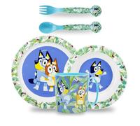 Sorrisini Vajilla Infantil Reutilizable Apta Para Microondas, Juego de Platos Irrompibles de Plástico para Niños, Set Plato, Cuenco Para Cereal, Cubiertos y Taza 390ml, Bluey