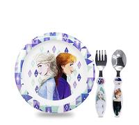 Sorrisini Vajilla Infantil Reutilizable Apta Para Microondas Para Niños, Juego de Desayuno para la Primera Comida Cubiertos, Tenedor, Cuchara de Acero Inoxidable y Plato, sin BPA, Frozen Elsa