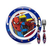 Sorrisini Vajilla Infantil Reutilizable Apta Para Microondas Para Niños, Juego de Desayuno para la Primera Comida Cubiertos, Tenedor, Cuchara de Acero Inoxidable y Plato, sin BPA, Spiderman