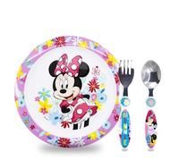 Sorrisini Vajilla Infantil Reutilizable Apta Para Microondas Para Niños Minnie Mouse, Juego de Desayuno para la Primera Comida Cubiertos, Tenedor, Cuchara de Acero Inoxidable y Plato, sin BPA