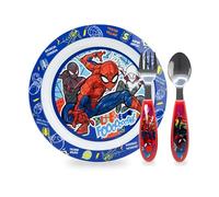 Sorrisini Vajilla Infantil Reutilizable Apta Para Microondas Para Niños Spiderman, Juego de Desayuno para la Primera Comida Cubiertos, Tenedor, Cuchara de Acero Inoxidable y Plato, sin BPA