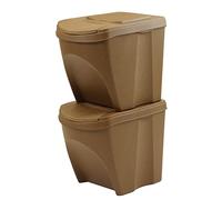 SortiBox - Juego de 2 cubos de basura apilables para reciclaje de plástico Eco con 33 % madera, 50 litros (2 x 25 L), color marrón natural, cubo de basura para interior de casa de cocina