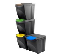 SortiBox - Juego de 4 Contenedores de Basura para Reciclaje, Cubos Apilables de Plástico, 100 litros (4 x 25 L), color negro