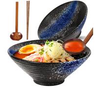 Sosayet Ramen Bowl De Cerámica, 2 Juegos Tazón de Ramen Japonés con Palillos y Cuchara, Tazones de Sopa de Fideos para Ensalada de Frutas, Verduras, Fideos, 1000 ml, 20 x 20 x 8 cm