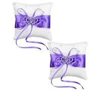 Sosoport 2 Piezas Almohada para Anillos de Boda Corazón Doble Púrpura con Lazo de Cinta y Pedrería, Suave y Decorativa para Ceremonia o Propuesta Romántica