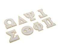Sosoport 8 Parches Termoadhesivos de Letras Griegas Bordadas en Beige Detalles Dorados para Ropa y Artesanía, Diseño Elegante y Confección Meticulosa en Tela