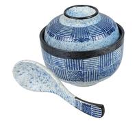 Sosoport Juego de Cuenco Japonés para Sopa Miso de Cerámica Azul Tapa y Cuchara, Superficie Lisa, Adecuado para Restaurante y Buffet