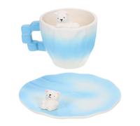 Sosoport Juego de Taza de Café de Cerámica Azul con Diseño de Oso Polar 3d, Capacidad 200ml, Fácil de Limpiar, Incluye Platillo para Té y Café