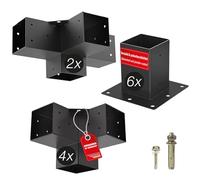 SOTECH SET de construcción 12 piezas (4 conectores de esquina + 2 conectores centrales + 6 casquillos de tierra) cuadrado 100 x 100 mm de acero galvanizado y recubierto de polvo negro para una máxima