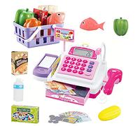 Sotodik 34PCS Caja registradora Juguetes para niñas Juegos de imaginación Supermercado Tienda Juguetes Caja Escáner Juguetes con Sonidos y Juegue Comida, Dinero, Juguetes de supermercado y más