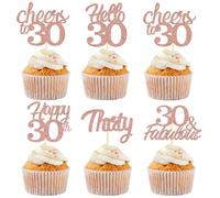 Sotpot 30 adornos para cupcakes de 30 cumpleaños con purpurina de oro rosa, 30 fabulosos saludos a 30 decoraciones para cupcakes para fiesta de aniversario de 30 cumpleaños