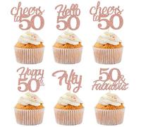 Sotpot 30 adornos para cupcakes de 50 cumpleaños con purpurina de oro rosa, 50 fabulosos saludos a 50 decoraciones para cupcakes para suministros de fiesta de aniversario de 50 cumpleaños