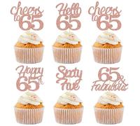 Sotpot 30 adornos para cupcakes de 65 cumpleaños con purpurina de oro rosa, 65 fabulosos saludos a 65 decoraciones de cupcakes para 65 cumpleaños, suministros de fiesta de aniversario