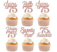 Sotpot 30 adornos para cupcakes de 75 cumpleaños con purpurina de oro rosa con 75 fabulosos saludos a 75 decoraciones para cupcakes para suministros de fiesta de aniversario de 75 cumpleaños