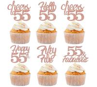 Sotpot 30 adornos para cupcakes de feliz cumpleaños 55 con purpurina de oro rosa, 55 fabulosos saludos a 55 decoraciones de cupcakes para suministros de fiesta de aniversario de 55 cumpleaños