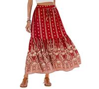 SotRong Falda bohemia de verano, vintage, estampado floral, falda gitana, cintura alta, vestidos largos de verano para vacaciones en la playa, J-vino tinto, L