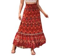 SotRong Falda bohemia de verano, vintage, estampado floral, falda gitana, cintura alta, vestidos largos de verano para vacaciones en la playa, E-rojo., 40