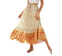 SotRong Falda midi bohemia de verano con estampado floral vintage, faldas gitanas de cintura alta, vestidos largos de verano para vacaciones en la playa, A-naranja., 48