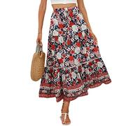 SotRong Falda midi bohemia de verano con estampado floral vintage, faldas gitanas de cintura alta, vestidos largos de verano para vacaciones en la playa, A-rojo, 48