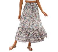 SotRong Falda midi bohemia de verano con estampado floral vintage, faldas gitanas, vestidos largos de verano de cintura alta para vacaciones en la playa, A-Beige, 48