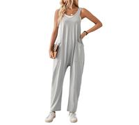 SotRong Overol de verano para mujer, informal, para ocio, sin mangas, cuello en V, jersey de pierna ancha, overol de harén liso, holgado, con bolsillos, gris claro, M