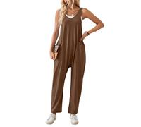 SotRong Overol de verano para mujer, informal, para ocio, sin mangas, cuello en V, jersey de pierna ancha, overol de harén liso, holgado, con bolsillos, café, S