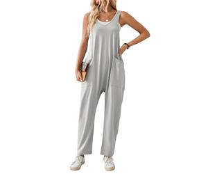 SotRong Overol de verano para mujer, informal, para ocio, sin mangas, cuello en V, jersey de pierna ancha, overol de harén liso, holgado, con bolsillos, gris claro, S