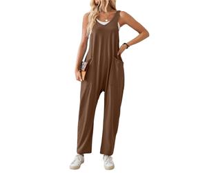 SotRong Overol de verano para mujer, informal, para ocio, sin mangas, cuello en V, jersey de pierna ancha, overol de harén liso, holgado, con bolsillos, café, S