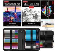 Soucolor Suministros de arte, juego de dibujo de 76 unidades, caja de regalo de Navidad para artistas adultos: cuaderno de bocetos de 3 colores, bloc de acuarela, libro para colorear, lápices