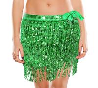 Soudittur Falda de Lentejuelas Con Borlas para Danza del Vientre, Rave, Carnaval y Festival - Mini Cruzada Brillante para Mujeres y Niñas (Verde)