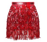 Soudittur Falda de Lentejuelas Con Borlas para Danza del Vientre, Rave y Carnaval - Mini Cruzada Brillante Con Flecos para Mujeres y Niñas (Rojo)