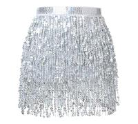 Soudittur Falda de Lentejuelas con Borlas para Danza, Mini Cruzada Brillante, Belly Rave con Flecos de Carnaval y Festival para Mujeres y Niñas