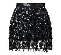 Soudittur Falda de Lentejuelas para Danza con Borlas, Mini Falda Cruzada, Belly Rave Faldas con Flecos, Falda Brillante, Carnaval de Festival para Mujeres y Niñas (Negro)
