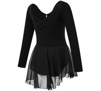 Soudittur Vestidos de Ballet para Niñas Manga Larga Algodón Leotardo de Danza con con Falda de Baile para Ballet Clásico (FR/ES, Números, 130, Regular, Negro)