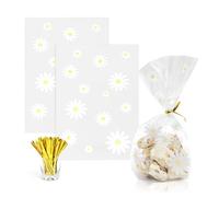 souG 100 bolsas de celofán reforzadas, pequeñas bolsas de galletas de margaritas blancas (tamaño 5.9 x 9 x 2 pulgadas con lazos dorados, la mejor bolsa de refuerzo para presentar golosinas