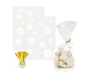 souG 100 bolsas de celofán reforzadas, pequeñas bolsas de galletas de margaritas blancas (tamaño 5.9 x 9 x 2 pulgadas con lazos dorados, la mejor bolsa de refuerzo para presentar golosinas