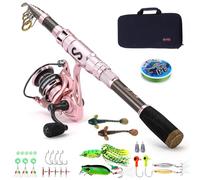 Sougayilang Combo de caña de pescar y carrete, caña telescópica de fibra de carbono, carrete giratorio ligero con señuelos de pesca portátiles, bolsa de transporte para viajes, adecuado para mujeres