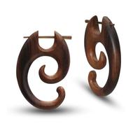Soul-Cats Pendientes de madera hechos a mano con forma de espiral, 40 x 26 mm, color marrón, pendientes de cuerno naturales