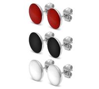 Soul-Cats: set de 3 pendientes de botón redondos de acero inoxidable brillante para mujeres y niñas, diámetro 10 mm, colores: rojo, blanco y negro